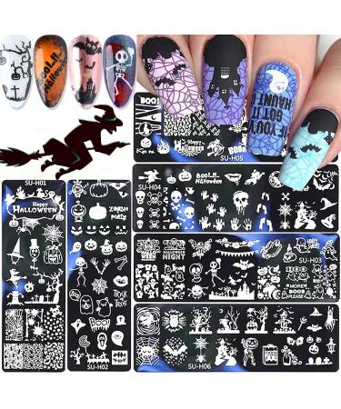 Halloween Nail Art Stamping Plates, 6 PCS Halloween Nail Stamper Kit Horror Ghost Skull Pumpkin Spider Witch Nail Art Stencils Plates Halloween Holiday Party Manicure Template Design Tool Skull- 6PC