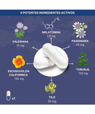 Melatonin 1.9mg Enriched 5 soothing plants 180 capsules (6 months) valerian linden California poppy lemon balm and passionflower Sleep and restorative reduces anxiety and stress - Buy Online on GoSupps.com
