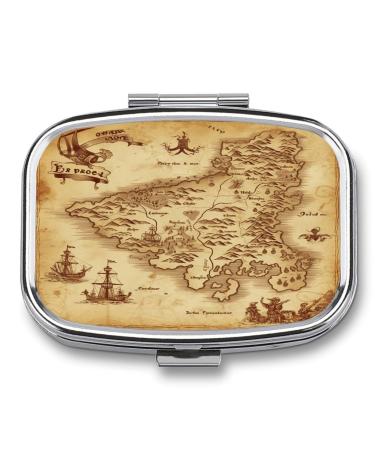 Pill Box Treasure Map Vintage Print 2 Compartment Medicine Pill Case Pill Organizer Decorative Metal Portable Pill Box for Pocket Or Purse Style