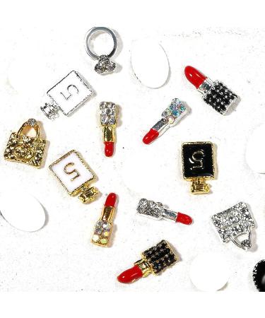 12Pcs Gold 3D Crystal Handbag Lipstick Nail Charms - Luxury Rhinestones for DIY Nail Art - Buy Online on GoSupps.com