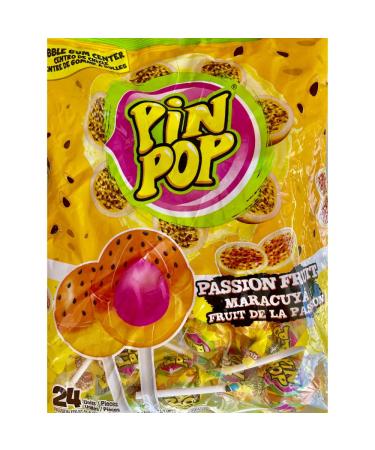 Pin Pop Passion Fruit Flavored Individually Wrapped Lollipops With a Chewy Bubble Gum Center. Each Package contains 24 pieces 408 grams
