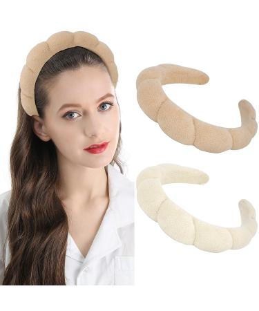 Puffy Spa Headband 2-Pack for Women and Girls - Terry Towel Fabric Hair Band for Skincare, Makeup Removal, Face Washing, Shower - Beige & Light Coffee - Buy Online on GoSupps.com