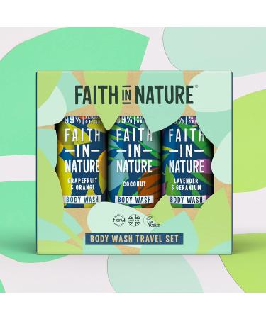 Faith In Nature 3 x 100ml Natural Body Wash Travel Gift Set - Vegan & Cruelty Free - No SLS or Parabens - Buy Online on GoSupps.com