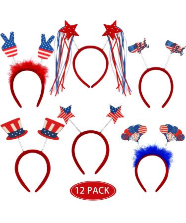 12 PCS Patriotic Head Boppers Headband - 4th of July Headband Includes American Flag Headband Memorial Day Head Bopper  Independence Day Party Accessories for Celebration Patriotic Event  6 styles
