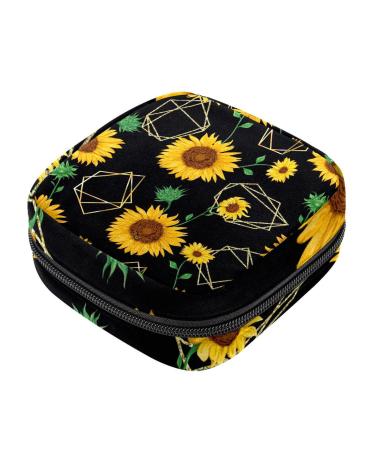 Menstruation pad bag with zipper women's napkin bag tampons collection bags for women and girls (golden polygonal shapes and sunflowers)