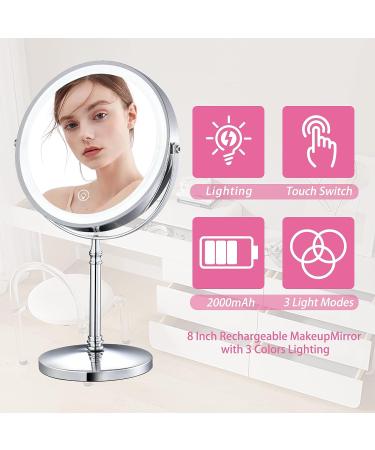 8'' Rechargeable Lighted Makeup Vanity Mirror with 1X/10X Magnification - Touch Sensor Dimming, 3 Colors, 360 Rotation - Cordless - Buy Online on GoSupps.com
