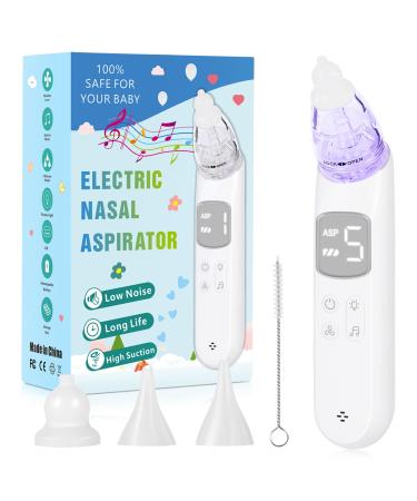 Electric Baby Nasal Aspirator - Rechargeable Baby Nose Sucker Nose Aspirator for Toddler, Automatic Nose Suction with 5 Suction Level, 3 Silicone Tips Music & Light Soothing White