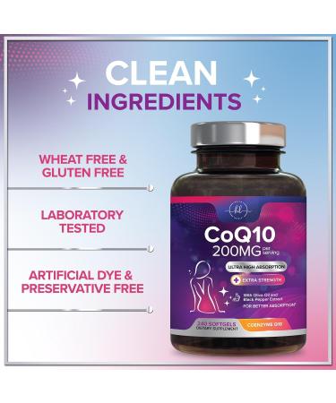 CoQ10 200mg Supplement - Ultra High Absorption Antioxidant for Heart Health & Energy Production Support - Coenzyme Q10 (Ubiquinone) Co Q 10 Supplement & Vitamins 100mg Each - Non GMO - 240 Softgels 240 Count (Pack of 1) - Buy Online on GoSupps.com