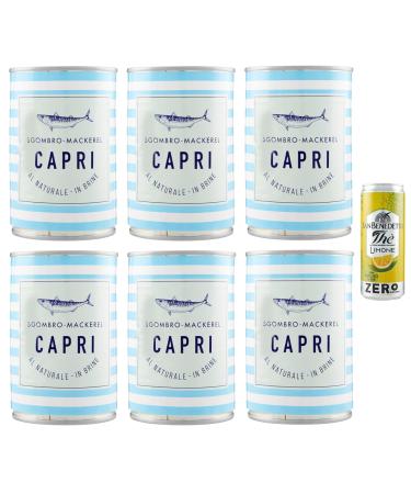 San Benedetto Capri Sgombro al Naturale - Natural mackerel - Box of 425 g + 1 bag of iced tea San Benedetto with lemon - Without sugar - Box of 330 ml