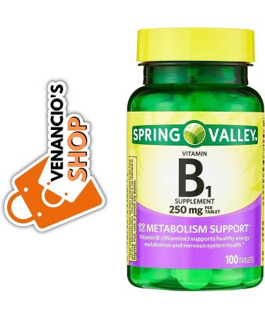 Spring Valley Vitamin B1 (Thiamine) Tablets 250mg - 100 Ct | Supports Energy & Metabolism | Dietary Supplement + VenanciosFridge Sticker - Buy Online on GoSupps.com