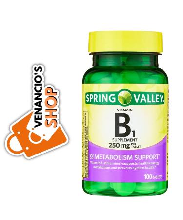 Vitamin B1 (Thiamine) Tablets, 250mg,100 Ct, Supports Energy Production & Healthy Metabolism, Helps Break Down Fats & Protein - Dietary Supplement by Spring Valley + Includes VenanciosFridge Sticker - Buy Online on GoSupps.com