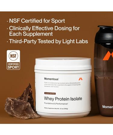 Momentous Essential Grass-Fed Whey Protein Powder - 20 g Whey Isolate Protein - NSF Certified for Sport - Gluten-Free - 12 Servings for Essential Everyday Use - Chocolate Fudge - Package May Vary - Buy Online on GoSupps.com
