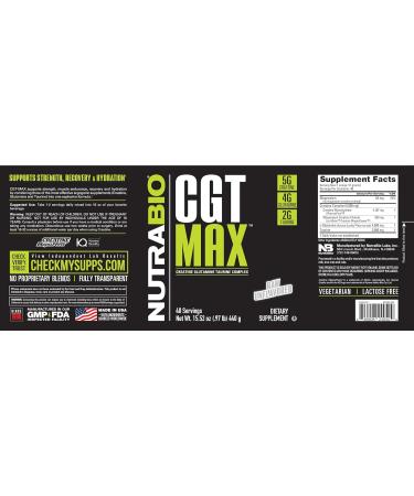 NutraBio CGT-MAX Powder- Creatine Glutamine and Taurine to Support Muscle Recovery and Strength - 40 Servings - Unflavored - Buy Online on GoSupps.com
