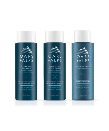 Oars + Alps Men's Sulfate Free Hair Shampoo Conditioner and Body Wash Kit Moisturizing Skin Care Infused with Kelp and Algae Extracts Fresh Ocean Splash Scent