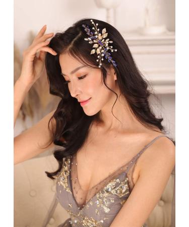Kercisbeauty Gold Leaf Hair Comb with Blue Crystal Wedding Bridal Hair Piece Pearl Handmade Jewelry for Special Occasion - Buy Online on GoSupps.com