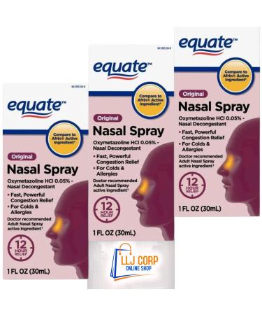 Equate Nasal Spray Original 12 Hour Max Strength 1 Fluid Ounce Pack 3 Bundle with LLJ Corp Sticker. Small