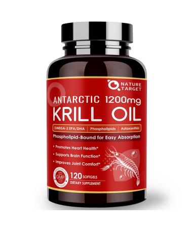 NATURE TARGET Krill Oil 1200mg with Omega-3 EPA & DHA with Astaxanthin Phospholipids & Choline - Supports Heart Brain Join Health Non-GMO Gluten Free 120 Softgels (60 Servings) 120 Count (Pack of 1)