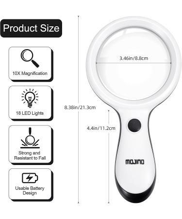 MOJINO 10X Lighted Handheld Reading Magnifier with 18 LED Lights - Ideal for Seniors, Kids, Macular Degeneration - Perfect for Reading, Inspection, Coins, Jewelry - White - Buy Online on GoSupps.com