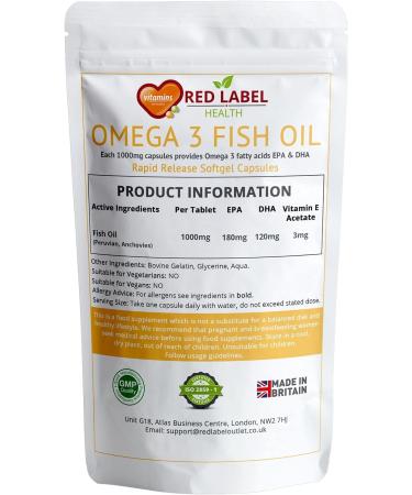 Omega 3 Fish Oil 1000mg 180 Soft Gel Capsules | Double Strength EPA & DHA | Heart & Brain Health Support | 6 Months Supply | Gluten Free | Made in UK - Buy Online on GoSupps.com