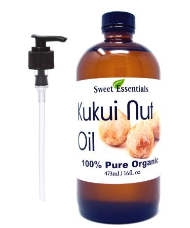 100% Organic Kukui Nut Oil | Imported From Hawaii | Various Sizes | 100% Pure | Cold-Pressed | Natural Moisturizer for Skin Hair and Face | By Sweet Essentials (16 fl oz Glass Bottle With Pump)