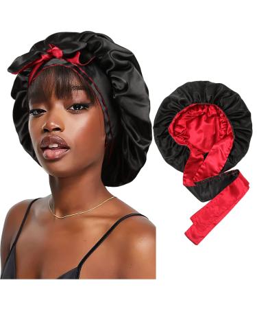 Satin Bonnet Silk Sleep Cap Hair Bonnets for Women Stretchy Tie Band Hair Cap for Curly Hair Silk Hair Wrap Black+red