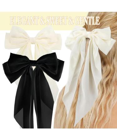 2 Pcs Big Hair bow Hair Bows for Women Bow Hair Clip Elegant Solid Color French Barrette Bows For Hair With Long Silky Satin Hair Barrettes Accessories Bow Hair Clips for Women Girl(Black+Cream) - Buy Online on GoSupps.com
