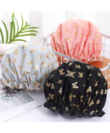 Qeuly 2 Pack Waterproof Reusable Shower Cap for Women - Black/Pale Green Butterfly Design - Buy Online on GoSupps.com