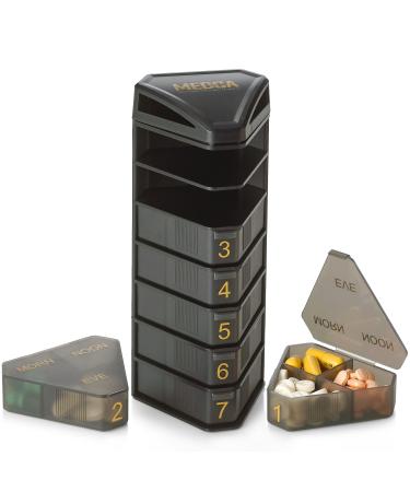 MEDCA Moisture Proof Weekly Stackable Pill Organizer - BPA Free Weekly Pill Box Case with 3 Daily Compartments - Black Pill Box to Store Pills Vitamins Supplements