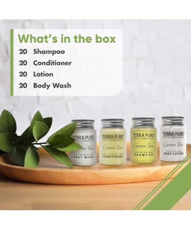 Terra Pure Green Tea Toiletries Set - 1 oz | Hotel Amenities for Airbnb, Hotels & Rentals | Shampoo, Conditioner, Body Wash, Lotion | 80 Piece Travel Kit - Buy Online on GoSupps.com
