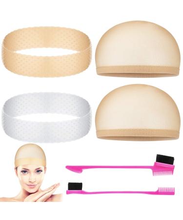 2 Pieces Silicone Wig Headband Transparent Silicone Wig Hair Bands Non-Slip Silicone Headband with Wig Net Cap and Edge Brush for Women Unisex (Light Brown, White)