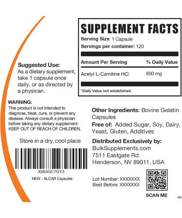 Acetyl L-Carnitine Capsules 600mg - ALCAR HCl Supplement - 120-Day Supply - BULKSUPPLEMENTS.COM - Buy Online on GoSupps.com