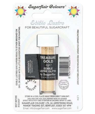 Sugarflair Treasure Gold Edible Lustre Glitter Add a Lustrous Shine to Cakes or Decorations. Brush On or Add Rejuvenator to Create Eye-Catching Edible Paint - 2g