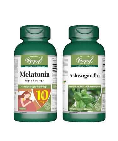 VORST Melatonin 10mg 60 Capsules and Ashwagandha 60 Capsules (Combo Bundle 2 Bottles)