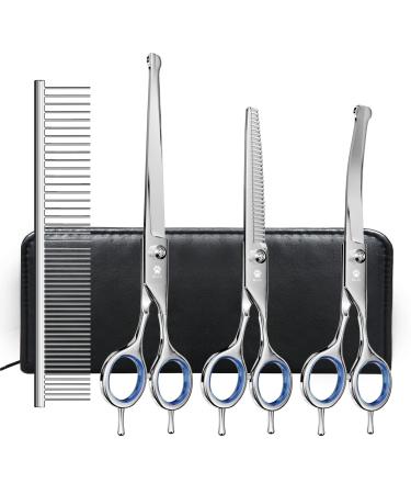 Professional Dog Grooming Scissors Kit with Safety Ronud Tip, MAOCG Twin-Tail Thinning, Curved, Straight Shears and Comb for Dogs & Cats, Sharp and Durable, Suitable for Lefty and Righty Set of 3
