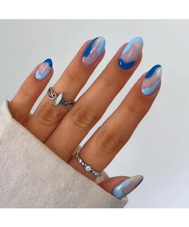 24 Pcs Blue Press on Nails Short  Oval Shape Fake Nails Almond Glossy Short False Nails French Stripe Wave Glue on Nails Artificial Finger Manicure Press on Nails for Women and Girls blue wave