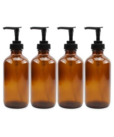 Cornucopia 8-Ounce Amber Glass Pump Bottles (4-Pack) Empty Boston Round Bottles w/Black Plastic Lotion Pumps