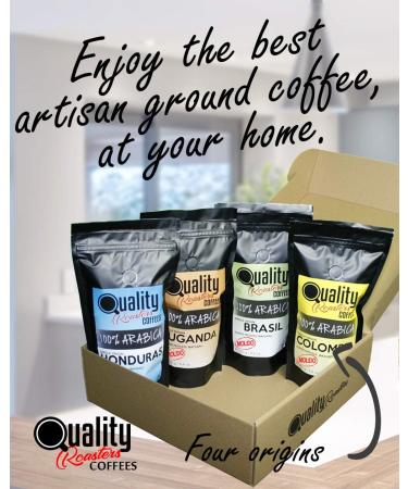 Ground coffee by Quality Roasters Coffees. 100% Arabica. Gift box and tasting. Fine grind. 4 Origins: Colombia Uganda Brazil Honduras. 4 x 250 g. Artisan roast. - Buy Online on GoSupps.com