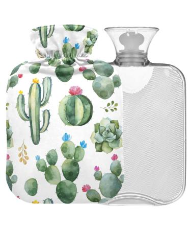 NAANLE hot water bottle with cover watercolor plant cactus transparent hot water bottle 2 l large warm-up bag for menstrual cramps pain relief handfoots heat and cold therapy