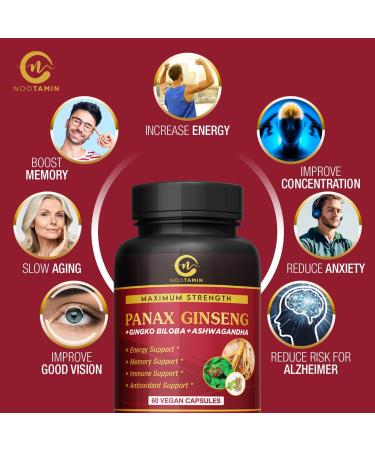 Nootamin Naturals Korean Red Panax Ginseng 7000mg + Ginkgo Biloba + Ashwagandha | Energy, Strength, Focus, Memory | 60 Vegan Capsules - Buy Online on GoSupps.com