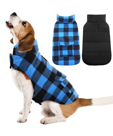Kuoser Cozy Dog Winter Coat, Windproof Dog Jacket British Style Plaid Cold Weather Dog Coat Reversible Warm Dog Vest for Small Medium Large Dogs Blue L Large (Chest Girth: 20.9-24.4'') Blue