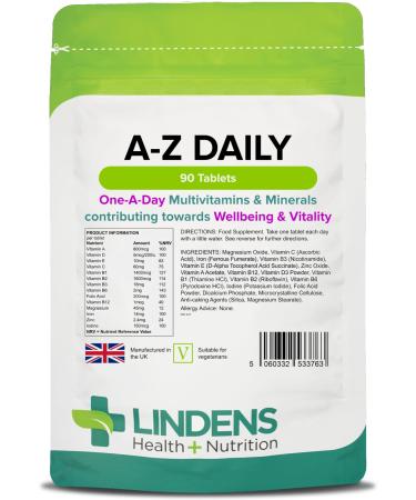 Lindens Multivitamin A-Z Daily Tablets - 90 Pack UK Made Perfect Vitamin & Mineral Balance of Vitamin A C D E B1 B2 B3 B6 B12 Folic Acid Magnesium Iron Zinc & Iodine - Letterbox Friendly 90 count (Pack of 1)