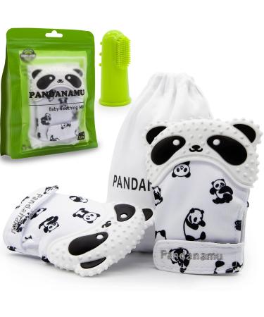 Baby Teething Mitten Panda Teether Mitten with Baby Toothbrush & Massager Teething Glove Mitt Infant Toy(2 Mittens with Toothbrush)