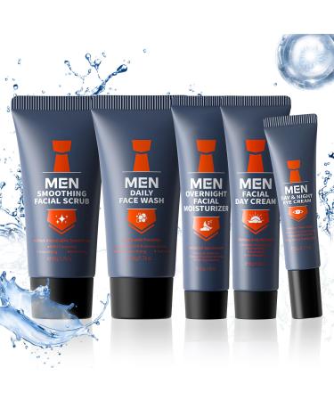 Mens Skincare Set Valentines Day Gifts for Him 5Pcs Mens Facial Care Kit - Facial Cleanser Facial Scrub Day Cream Eye Cream and Overnight Moisturizer Travel Size Mens Skincare Gift Set