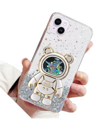 Rnrieyta Miagon B r Astronaut Cistress Glitzer for iPhone 15 cute girls thin crystal protective cover Treibsand bling transparent case bumper with astronaut holder kickstand transparent iPhone 15 transparent