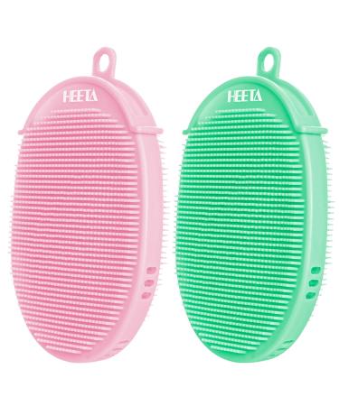 HEETA 2-Pack Glove-Shaped Body Brush for Wet and Dry Brushing, Silicone Bath Brush for Gentle Exfoliating on Softer, Glowing Skin, Gentle Massage, and Cleansing (Green & Pink)