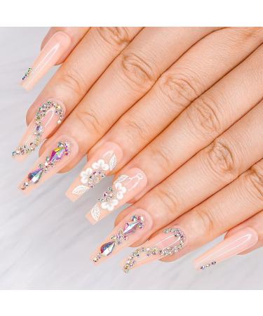 Artquee 24pcs Light Nude Pink Clear Press on Nails - 3D Flower Rhinestone Coffin False Tips for Women - Buy Online on GoSupps.com
