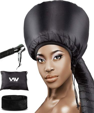 Bonnet Hood Hair Dryer Attachment Set - Soft Adjustable Hooded Bonnet for Hand Held Hair Dryer - Including Head Band for Drying Styling Curling Deep Conditioning Black