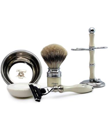 Elegant Ivory Shaving Brush & Razor Set with Silver Pointed Roof Hair | Includes Stainless Steel Bowl & Free Soap - Perfect Gift for Grooming - Buy Online on GoSupps.com