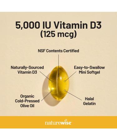 NatureWise Vitamin D3 5000iu (125 mcg) 200-Day Supply for Immune Support Healthy Muscle Function and Bone Health - Non-GMO Gluten Free in Organic Extra Virgin Olive Oil (Mini Softgel) 200 Count 5000IU 200 Count (Pack o  - Buy Online on GoSupps.com