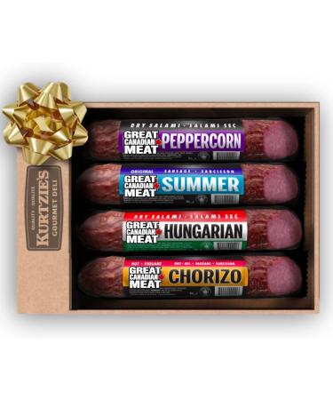 Gourmet Salami Sampler Gift Box 4 Flavours: Peppercorn Chorizo Hungarian Summer Sausage Gluten-Free Salami Sticks for Charcuterie Boards Meat Lovers High-Protein Snacks Made in Canada by Great Canadian Meat - Buy Online on GoSupps.com